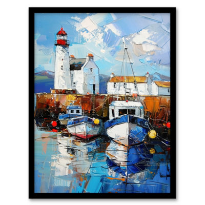 Artery8 Scottish Harbour Oil Painting Lighthouse Rustic Wall Art PrintA4 Size from B&Q