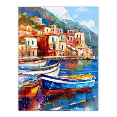 Artery8 Unframed Wall Art Colourful Fishing Village Painting Harbour12X16 Inch from B&Q