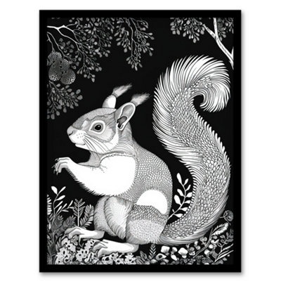 Artery8 Happy Squirrel In Trees Black And White Drawing Wall Art PrintA4 Size from B&Q