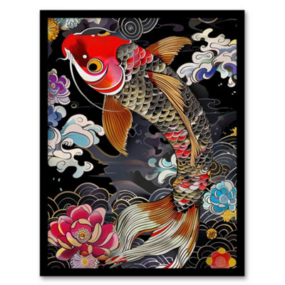 Artery8 Framed Wall Art Colourful Koi Carp Tattoo Artwork Lotus Flowers Print12X16 Inch from B&Q