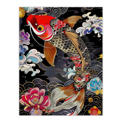 Artery8 Unframed Wall Art Colourful Koi Carp Tattoo Artwork Lotus Flowers12X16 Inch from B&Q
