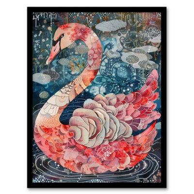Artery8 Abstract Pink Flower Swan Artwork Enchanted Lake Wall Art PrintA4 Size from B&Q
