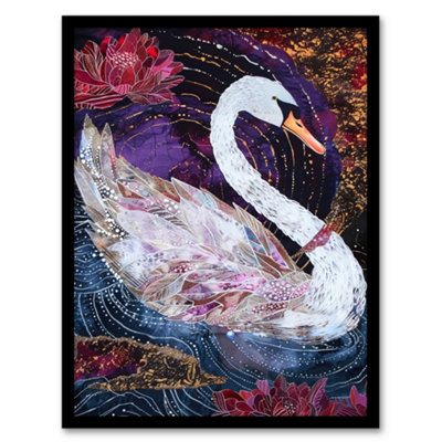 Artery8 Magical Swan Artwork Enchanted Purple Pink Wall Art PrintA4 Size from B&Q