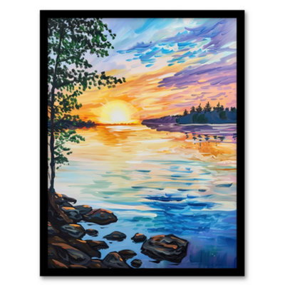 Artery8 Sunset On Calm Lake Oil Painting Tranquil Peace Wall Art PrintA4 Size from B&Q