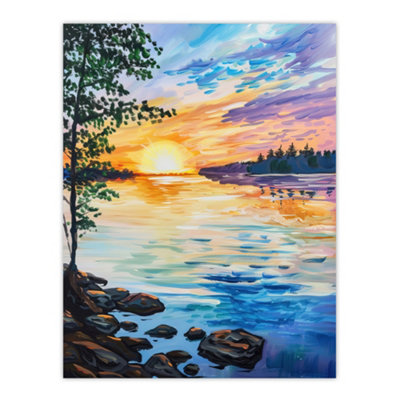 Artery8 Unframed Wall Art Sunset On Calm Lake Painting Tranquil Peace12X16 Inch