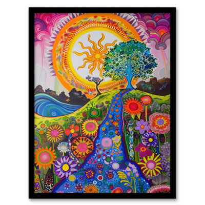 Artery8 Bright Colourful Hippy Artwork Flowers Sun Trees Wall Art PrintA4 Size from B&Q