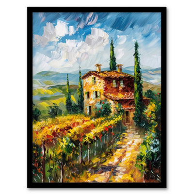 Artery8 Summer Tuscan Farmhouse Oil Painting Colourful Wall Art PrintA4 Size