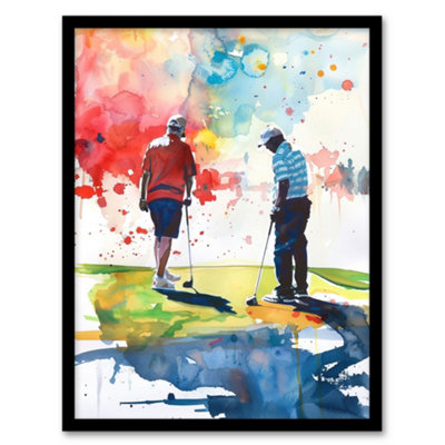 Artery8 Framed Wall Art Two Friends Golfing Putting Watercolour In Sun Print12X16 Inch from B&Q