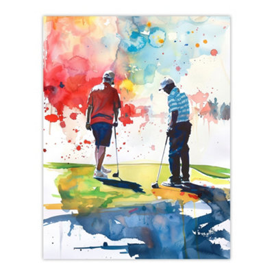 Artery8 Unframed Wall Art Two Friends Golfing Putting Watercolour In Sun12X16 Inch from B&Q