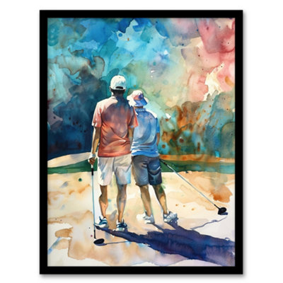 Artery8 Framed Wall Art Two Golfer Friends In Bunker Watercolour Golf Sun Print12X16 Inch from B&Q