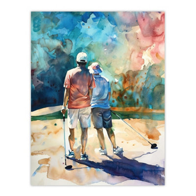 Artery8 Unframed Wall Art Two Golfer Friends In Bunker Watercolour Golf Sun12X16 Inch from B&Q
