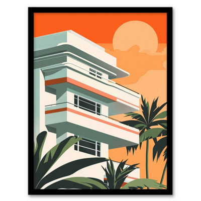 B&Q -  Tropical Apartment At Sunset Palm Trees Modern Wall Art PrintA4 Size
