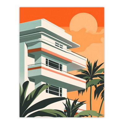 B&Q -  Unframed Wall Art Tropical Apartment At Sunset Palm Trees Modern12X16 Inch