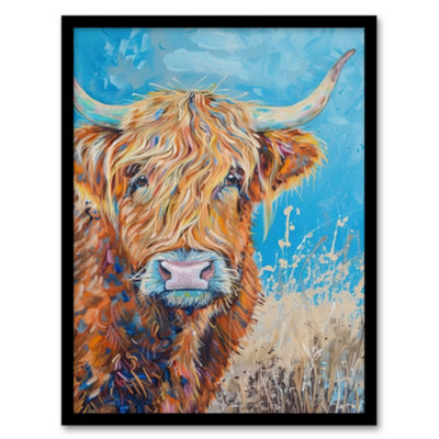 B&Q -  Highland Cow Oil Portrait Scottish Summer Wall Art PrintA4 Size