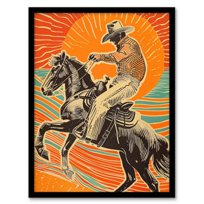 Artery8 Abstract Cowboy On Horse Sunset Western America Wall Art PrintA4 Size from B&Q