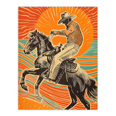 Artery8 Unframed Wall Art Abstract Cowboy On Horse Sunset Western America12X16 Inch from B&Q