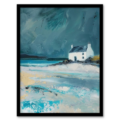 Artery8 White Scottish Cottage Coastal Hills Oil Painting Wall Art PrintA4 Size from B&Q