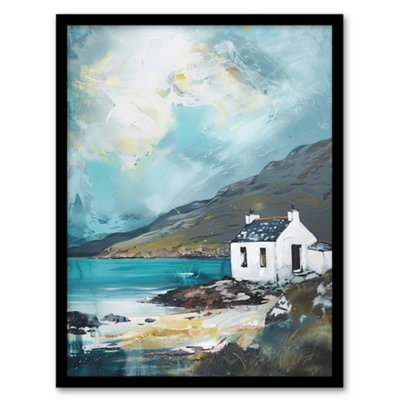 Artery8 Framed Wall Art White Scottish Cottage Loch Hills Oil Painting Print12X16 Inch from B&Q