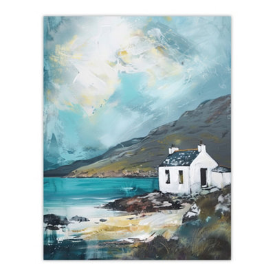 Artery8 Unframed Wall Art White Scottish Cottage Loch Hills Painting12X16 Inch from B&Q