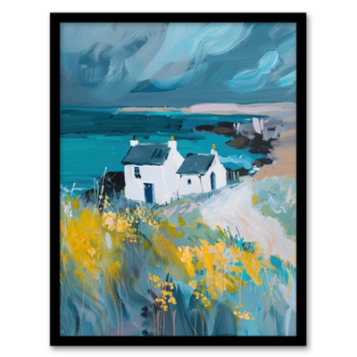 Artery8 Coastal Scottish Cottage Wildflowers Oil Painting Wall Art PrintA4 Size from B&Q