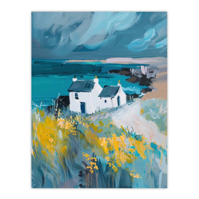 Artery8 Unframed Wall Art Coastal Scottish Cottage Wildflowers Painting12X16 Inch from B&Q
