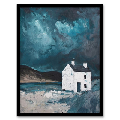 Artery8 Scottish Coastal Cottage Night Oil Painting Hills Wall Art PrintA4 Size from B&Q
