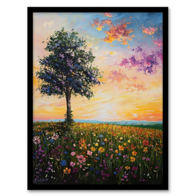 Artery8 Tree Spring Wildflower Meadow Sunset Oil Painting Wall Art PrintA4 Size from B&Q