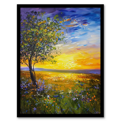 B&Q -  Framed Wall Art Tree Wildflower Meadow At Sunset Oil Painting Print12X16 Inch