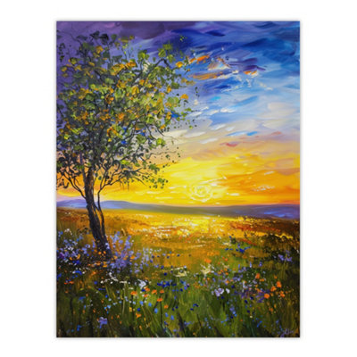 Artery8 Unframed Wall Art Tree Wildflower Meadow At Sunset Painting12X16 Inch from B&Q