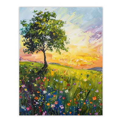 Artery8 Unframed Wall Art Tree Wildflower Meadow At Sunrise Painting12X16 Inch from B&Q