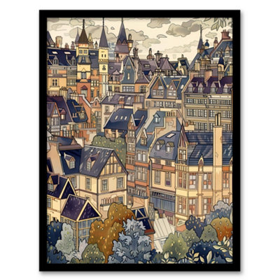 Artery8 Framed Wall Art Cityscape Painting Of Townhouses In Trees Print12X16 Inch from B&Q