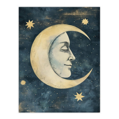 Artery8 Unframed Wall Art Man In Moon With Stars Drawing Vintage Peaceful12X16 Inch from B&Q