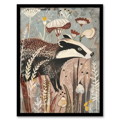 Artery8 Rustic Woodland Badger Artwork Forest Wildflowers Wall Art PrintA4 Size from B&Q