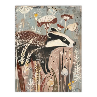 B&Q -  Unframed Wall Art Rustic Woodland Badger Artwork Forest Wildflowers12X16 Inch