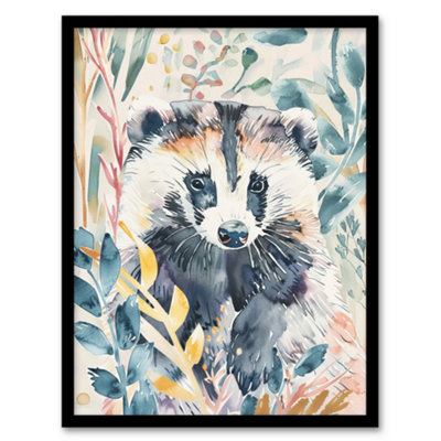 Artery8 Framed Wall Art Cute Badger Botanical Watercolour Soft Woodland Print12X16 Inch from B&Q