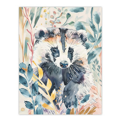 Artery8 Unframed Wall Art Cute Badger Botanical Watercolour Soft Woodland12X16 Inch