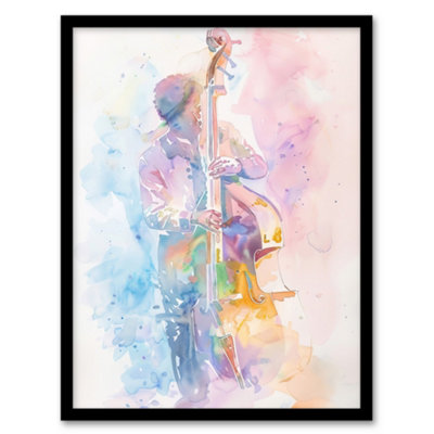 Artery8 Framed Wall Art Double Bassist Jazz Musician Light Watercolour Print12X16 Inch from B&Q