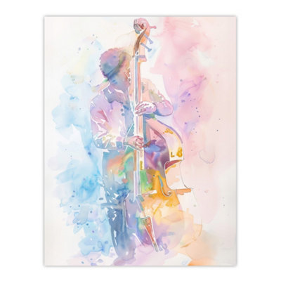 B&Q -  Unframed Wall Art Double Bassist Jazz Musician Light Watercolour12X16 Inch