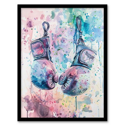 B&Q -  Boxing Gloves Pastel Watercolour Splash Painting Wall Art PrintA4 Size