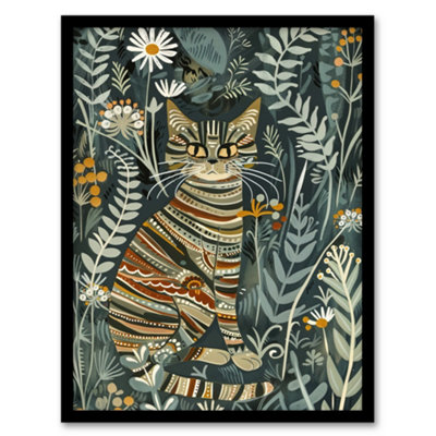 Artery8 Framed Wall Art Striped Cat In Floral Botanical Garden Folk Art Print12X16 Inch from B&Q