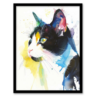 Artery8 Framed Wall Art Tuxedo Black White Cat Lover Bright Watercolour Print12X16 Inch from B&Q