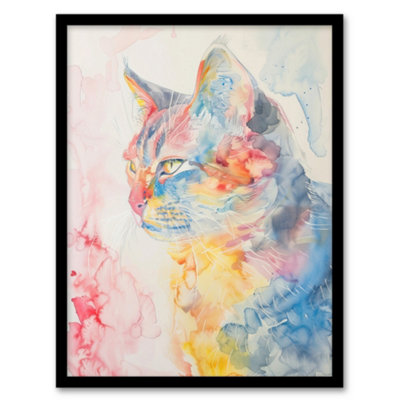 Artery8 Cat Lover Pastel Rainbow Watercolour Portrait Wall Art PrintA4 Size from B&Q