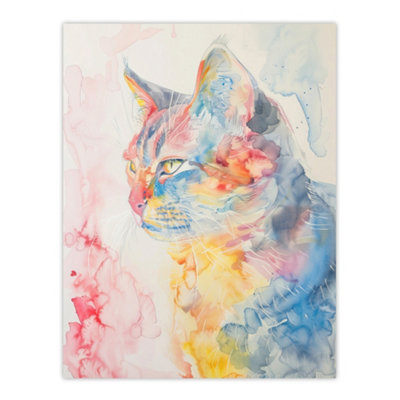 Artery8 Unframed Wall Art Cat Lover Pastel Rainbow Watercolour Portrait12X16 Inch from B&Q