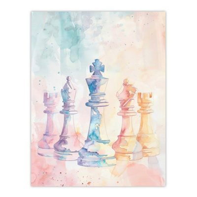 Artery8 Unframed Wall Art Stylised Chess Pieces Light Pastel Watercolour12X16 Inch from B&Q