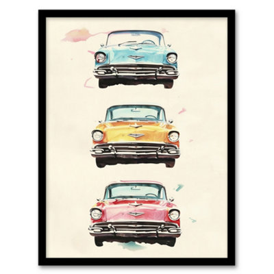 B&Q -  Framed Wall Art 3 Three Classic Vintage Cars Watercolour Modern Print12X16 Inch