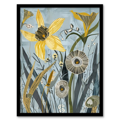 B&Q -  Framed Wall Art Abstract Daffodils Bloom Rustic Artwork Spring Print12X16 Inch