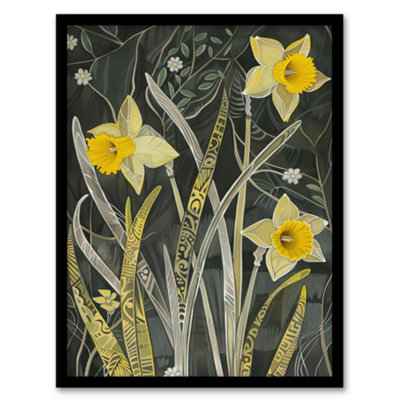 Artery8 Daffodil Green Forest Artwork Dark Spring Floral Wall Art PrintA4 Size from B&Q