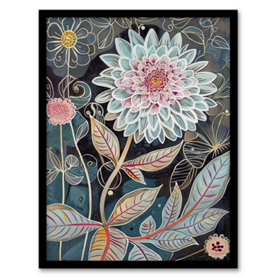 Artery8 Dahlia Flowers Artwork Dark Enchanted Floral Wall Art PrintA4 Size from B&Q