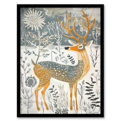 Artery8 Framed Wall Art Woodland Deer In Snow Wildflowers Winter Folk Art Print12X16 Inch from B&Q