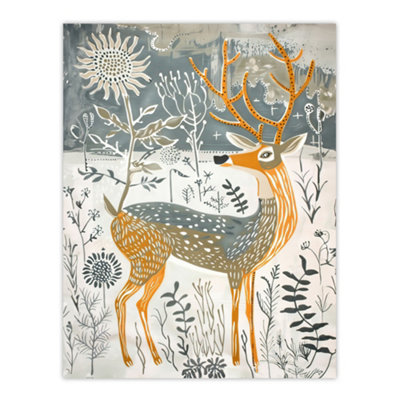 Artery8 Unframed Wall Art Woodland Deer In Snow Wildflowers Winter Folk12X16 Inch from B&Q